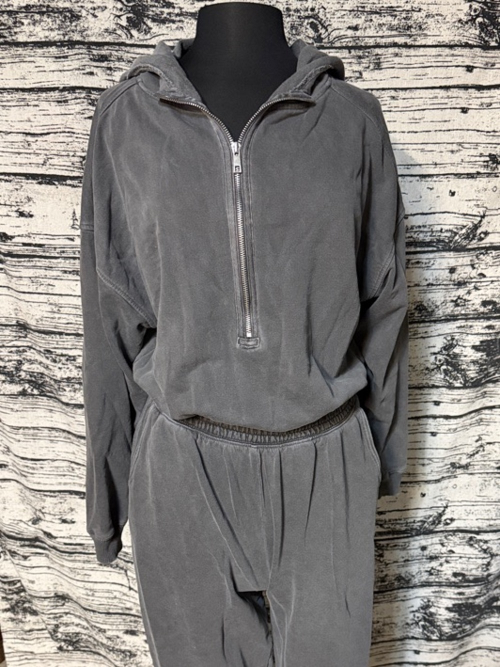Zenana Outfitters Charcoal Hooded Half-Zip Jumpsuit